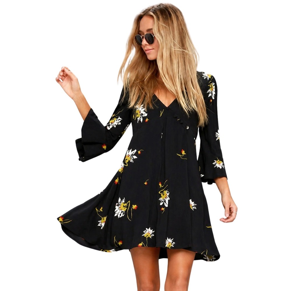 Free People Dress Small Black On My Side Mini Floral Bell Sleeve Boho Hippie